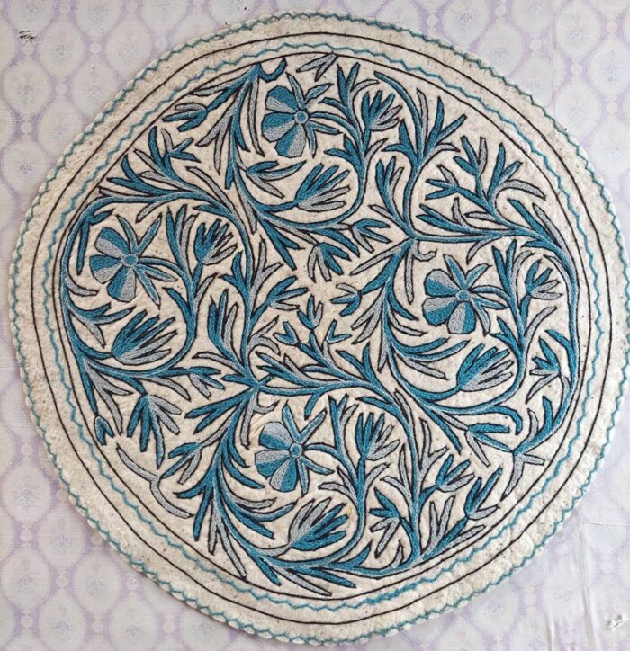 4x4 Blue Flora Handmade Aari Embroidered Wool Namda