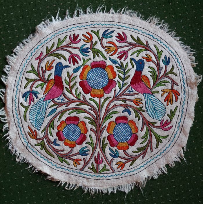 4x4 Birds Handmade Aari Embroidered Wool Namda