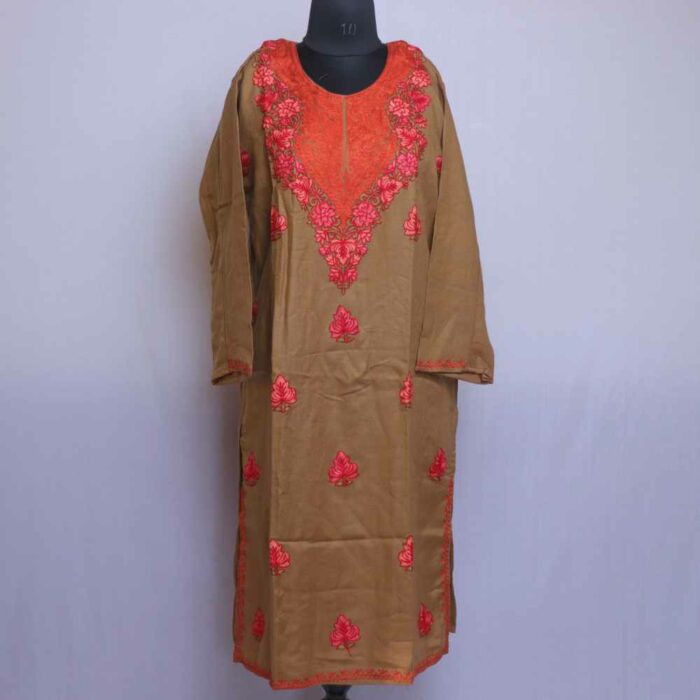 Brown Kashmiri Woolen Aari Work Kurta