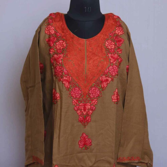 Brown Kashmiri Woolen Aari Work Kurta - Image 2