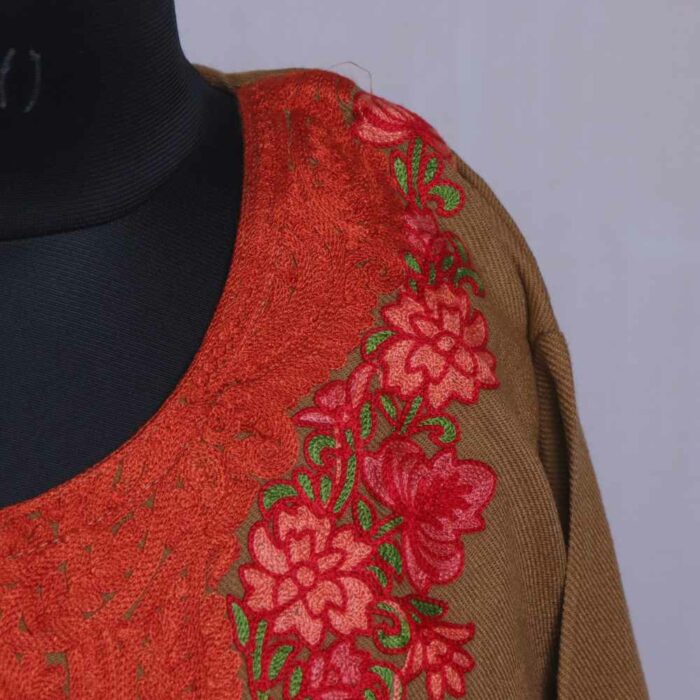 Brown Kashmiri Woolen Aari Work Kurta - Image 3