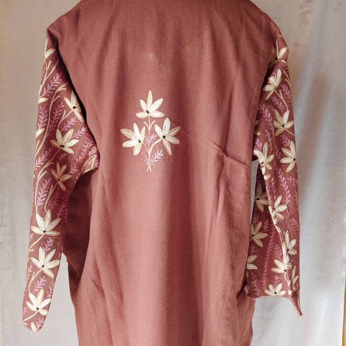 Brown Pure Raffal Aari Work Pheran - Image 3
