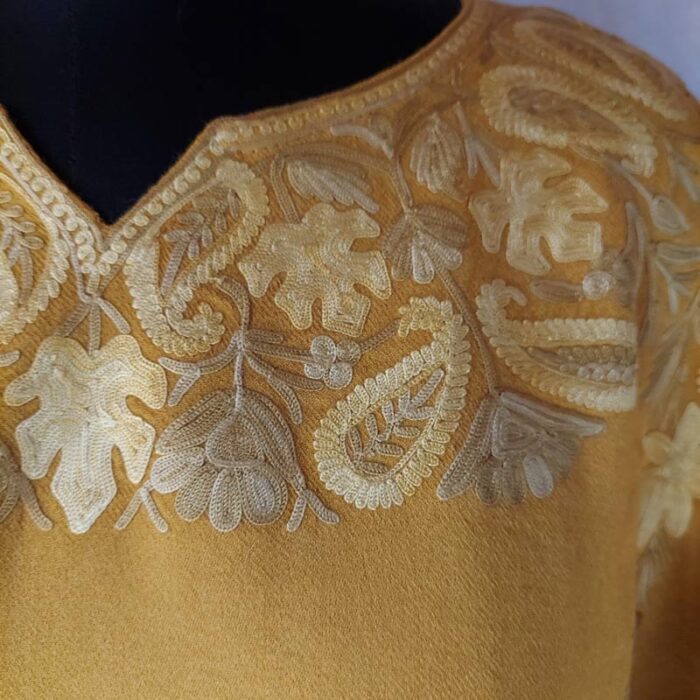 Mustard Yellow Aari Work Pure Raffal Pheran - Image 3