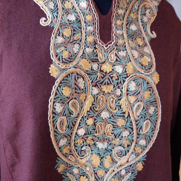 Dark Brown Raffal Hand Aari Work Pheran - Image 3