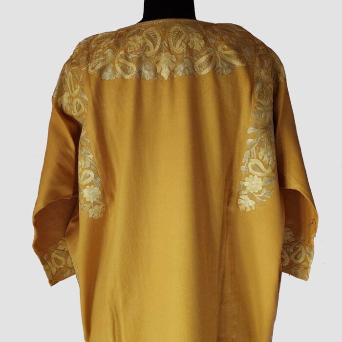 Mustard Yellow Aari Work Pure Raffal Pheran - Image 5