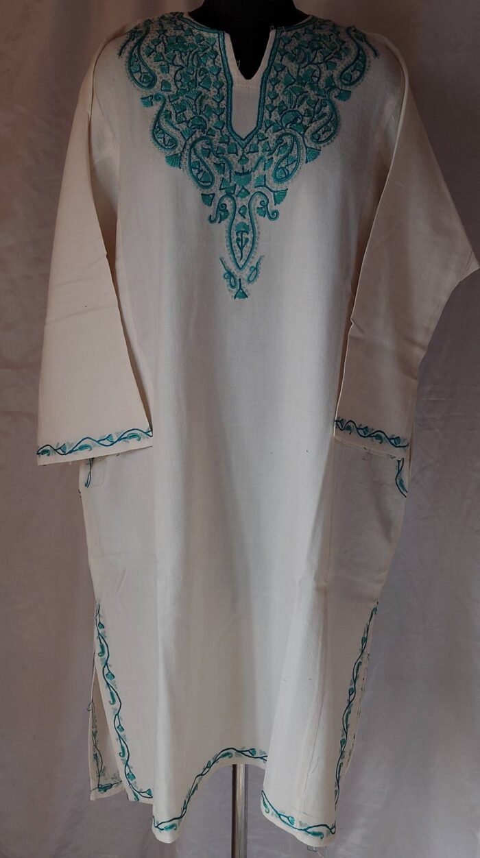 White Aari Hand Work Pure Raffal Pheran - Image 2