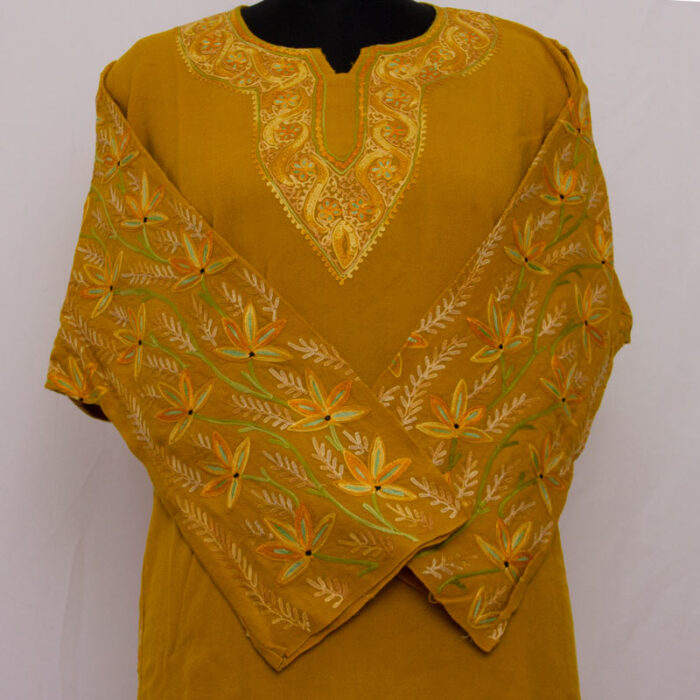 Mustard Yellow Pure Raffal Aari Work Pheran
