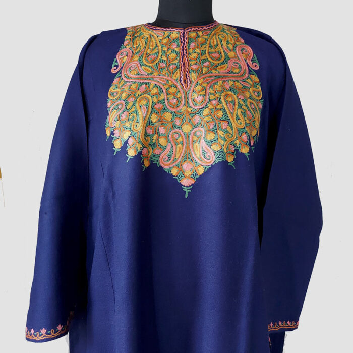 Dark Blue Multicolor Aari Hand Work Pure Raffal Phiran