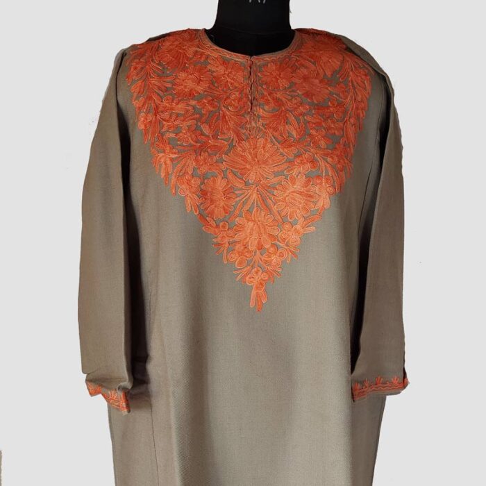 Natural Beige Cashmilon Pheran with Aari Work