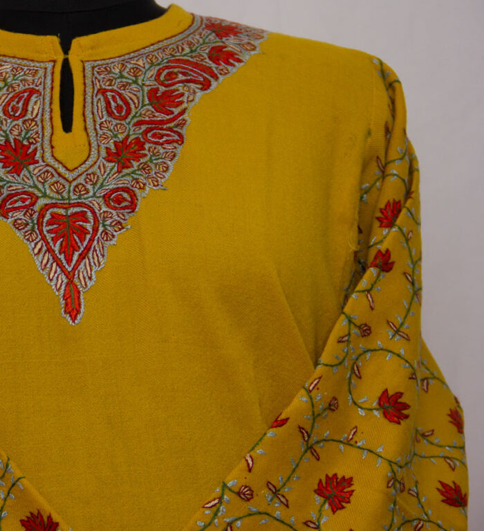 Yellow Pure Raffal Wool Sozni Work Pheran - Image 4