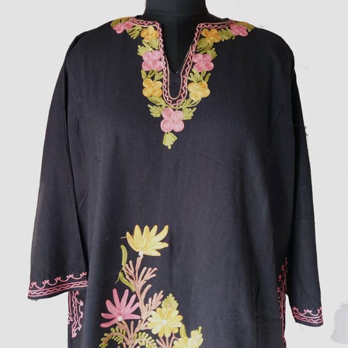 Black Floral Design Aari Work Cashmilon Pheran