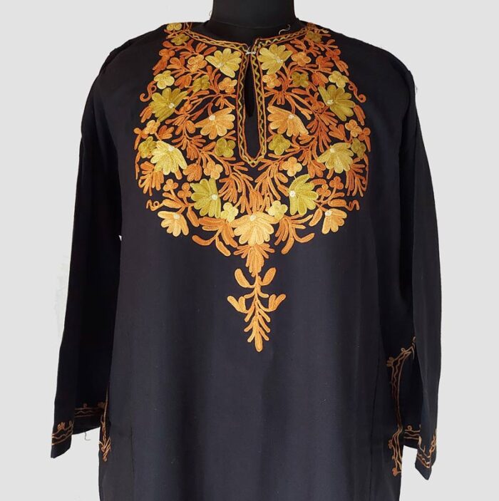 Black Cashmilon Pheran with Floral Aari Work