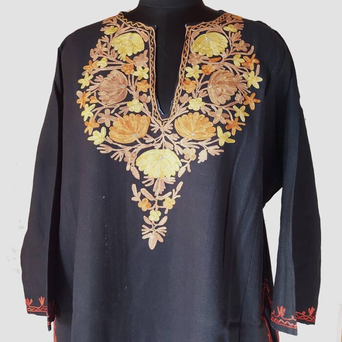 Black Cashmilon Pheran with Floral Aari Work