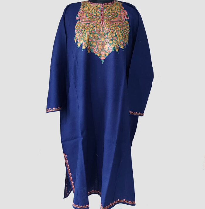 Dark Blue Multicolor Aari Hand Work Pure Raffal Phiran - Image 2