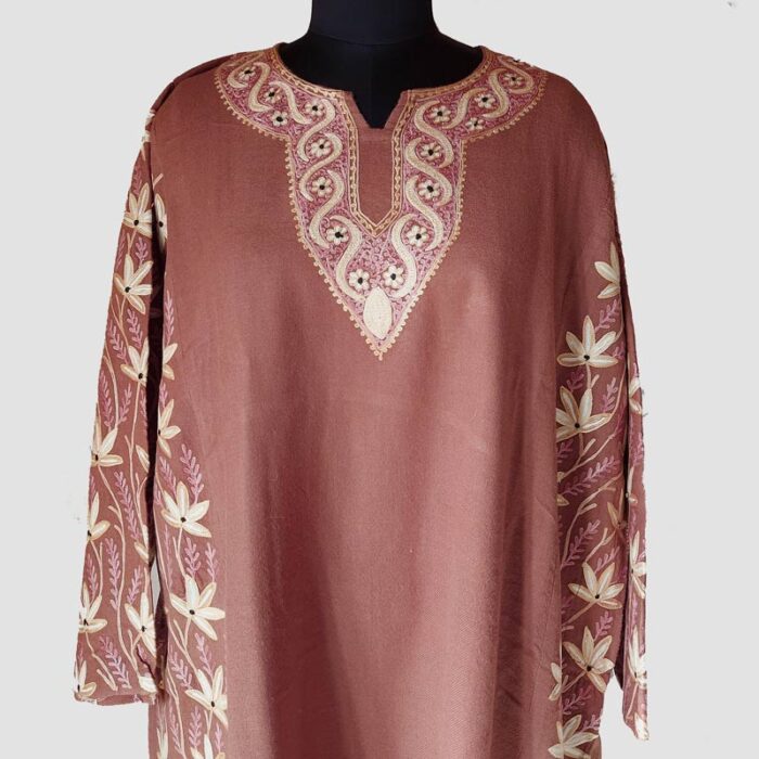Brown Pure Raffal Aari Work Pheran