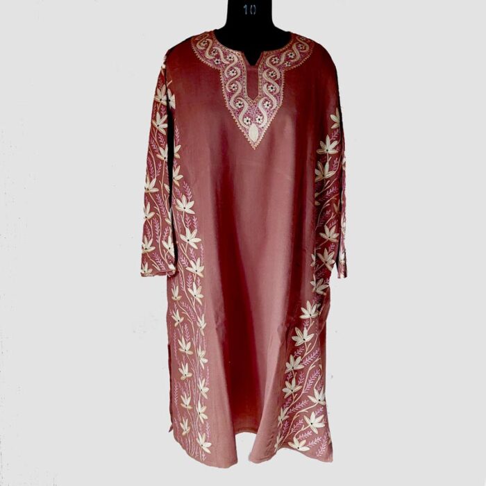 Brown Pure Raffal Aari Work Pheran - Image 2
