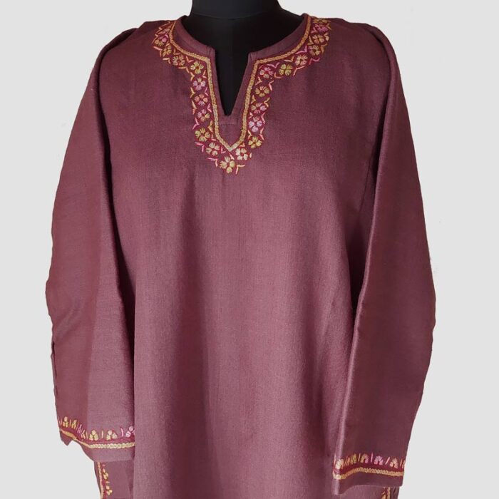 Brown Pure Raffal Wool Sozni and Zari Work Pheran