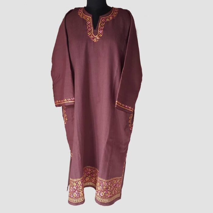 Brown Pure Raffal Wool Sozni and Zari Work Pheran - Image 2