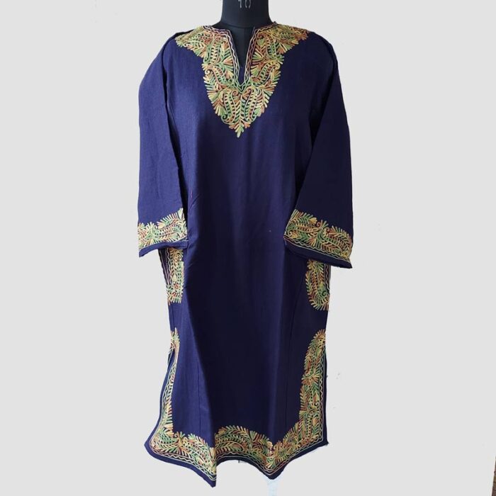 Dark Blue Cashmilon Pheran With Aari Work - Image 2