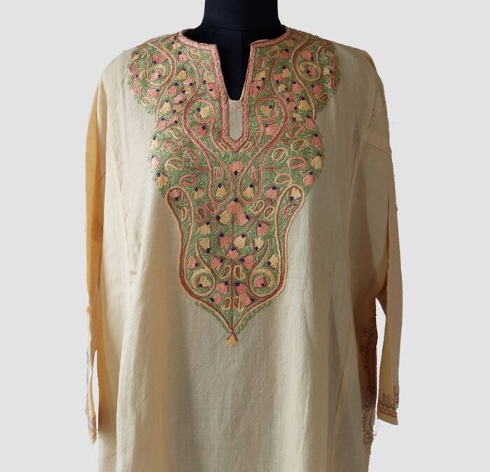 Light Yellow Raffal Pheran With Hand Aari Work