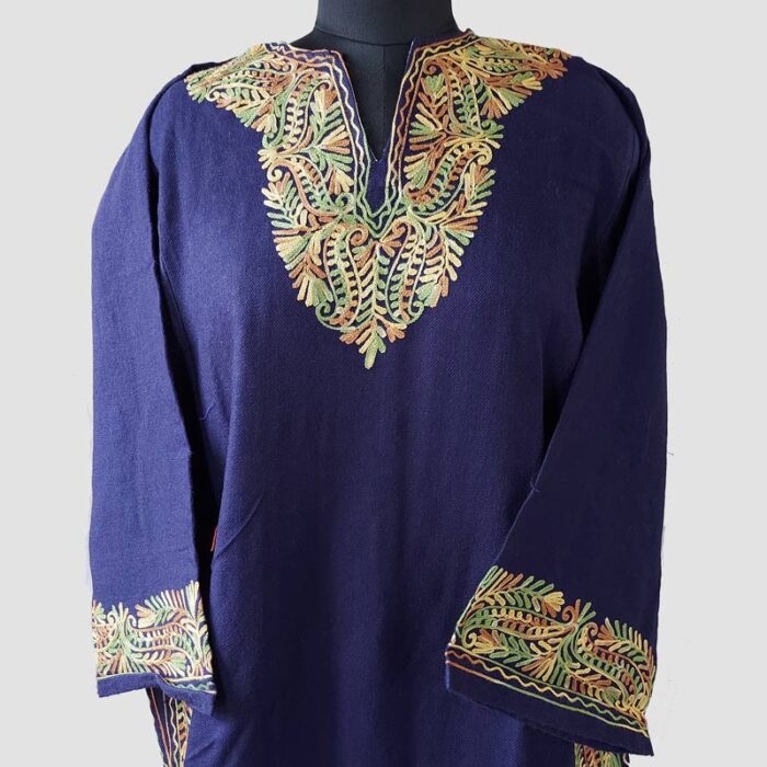 Dark Blue Cashmilon Pheran With Aari Work