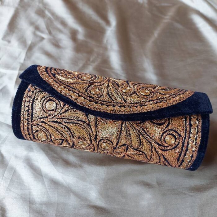 Dark Blue Velvet Clutch With Tilla Work