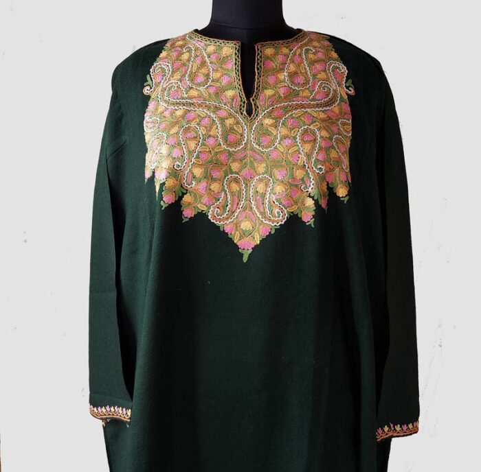 Dark Green Raffal Pheran With Hand Aari Work