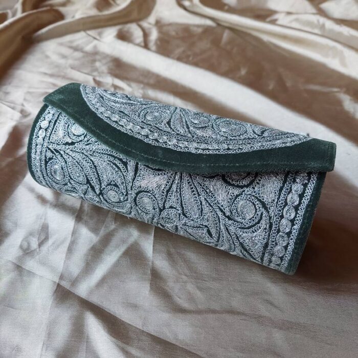 Dark Green Velvet Clutch With Silver Tilla Work