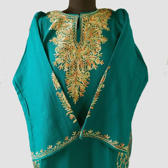 Dark Green Cashmilon Pheran in Fine Aari Work