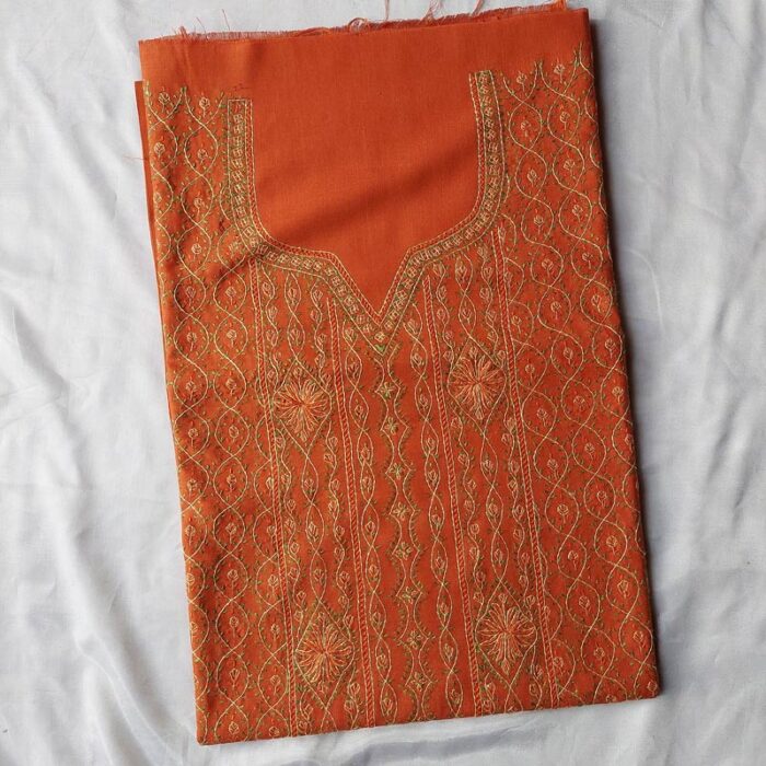 Dark Orange Ruby Cotton A Shaped Sozni Jali Work Suit