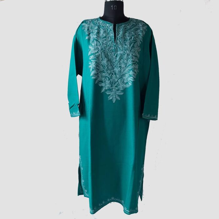 Green Cashmilon Pheran With Aari Work - Image 2