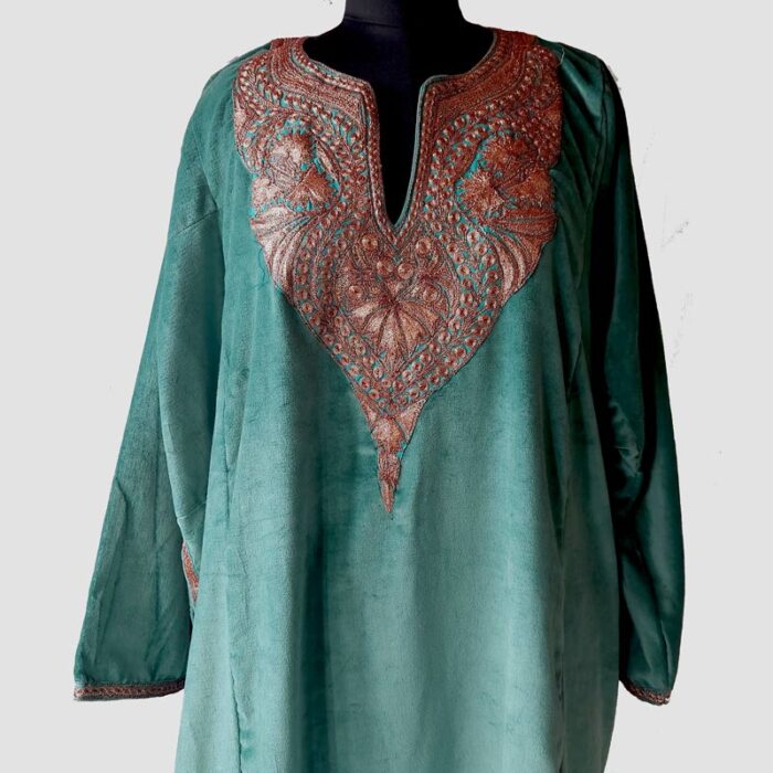 Green Velvet Pheran with Tilla Work