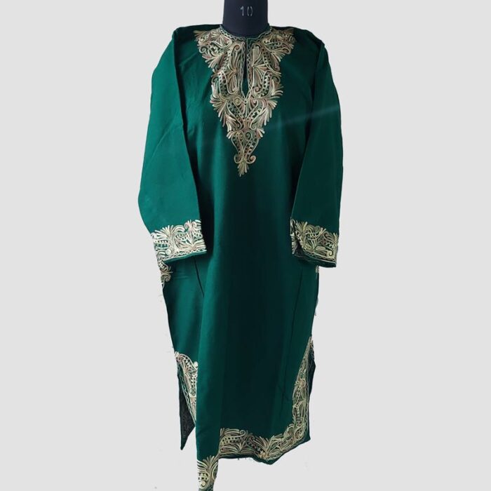 Dark Green Cashmilon Pheran With Aari Work - Image 2