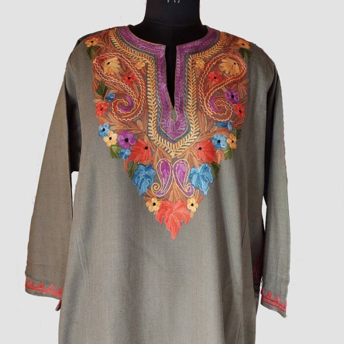 Light Grey Cashmilon Pheran with Boni Pun Aari Work