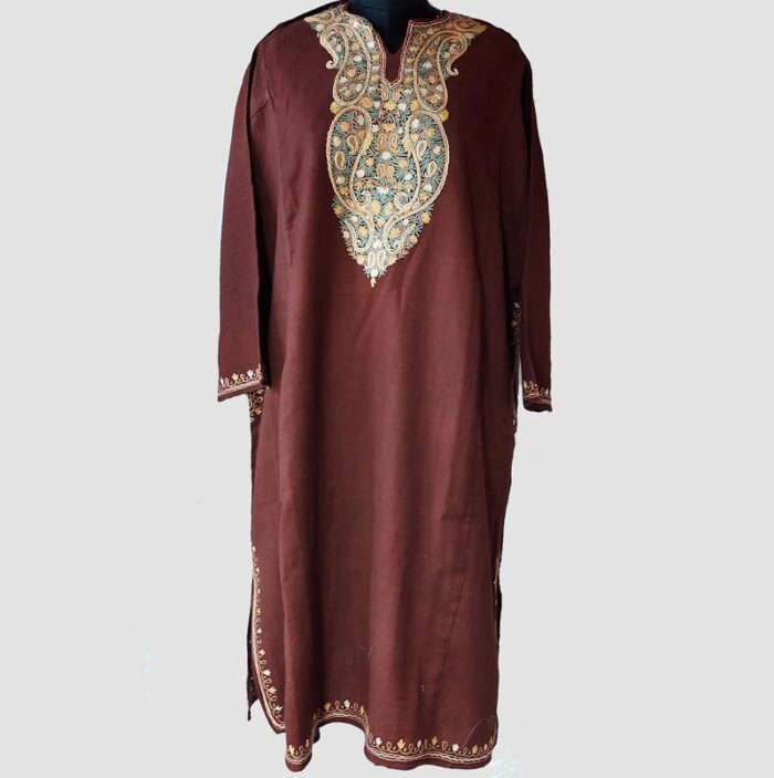 Dark Brown Raffal Hand Aari Work Pheran - Image 2