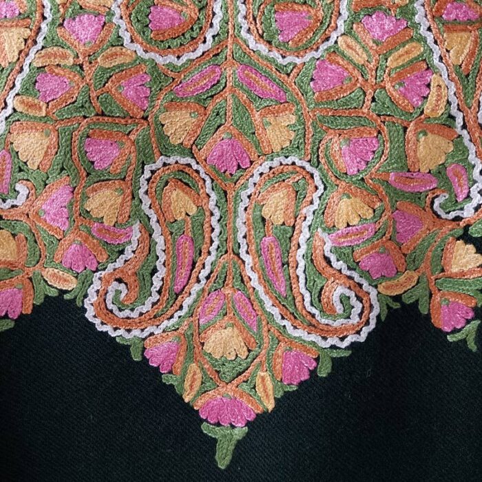 Dark Green Raffal Pheran With Hand Aari Work - Image 4
