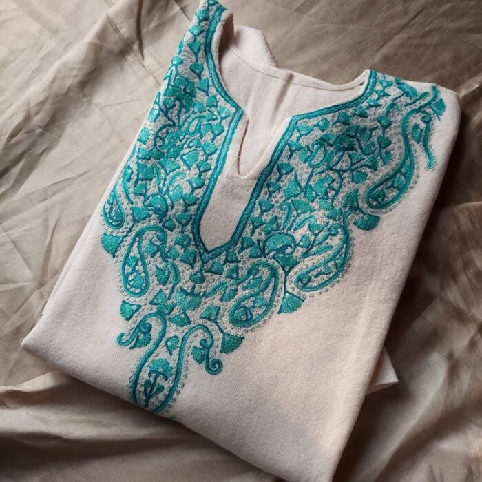 White Aari Hand Work Pure Raffal Pheran - Image 3