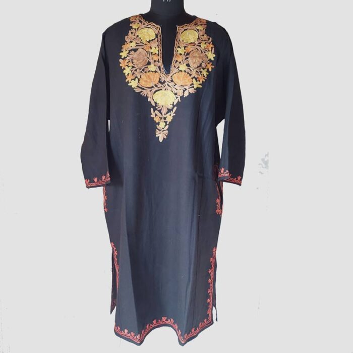 Black Cashmilon Pheran with Floral Aari Work - Image 2