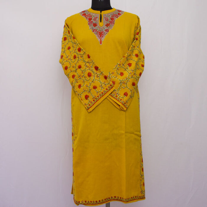 Yellow Pure Raffal Wool Sozni Work Pheran - Image 2