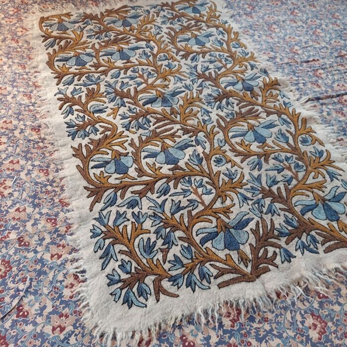 6x4 Blue Brown Double Work Handmade Aari Embroidered Wool Namda