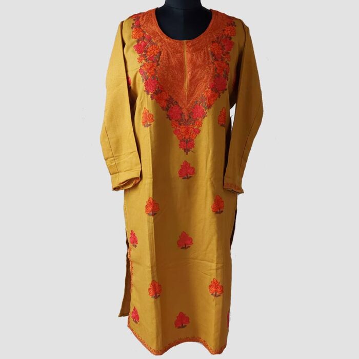 Mustard Raffal Aari Work Kurta - Image 2