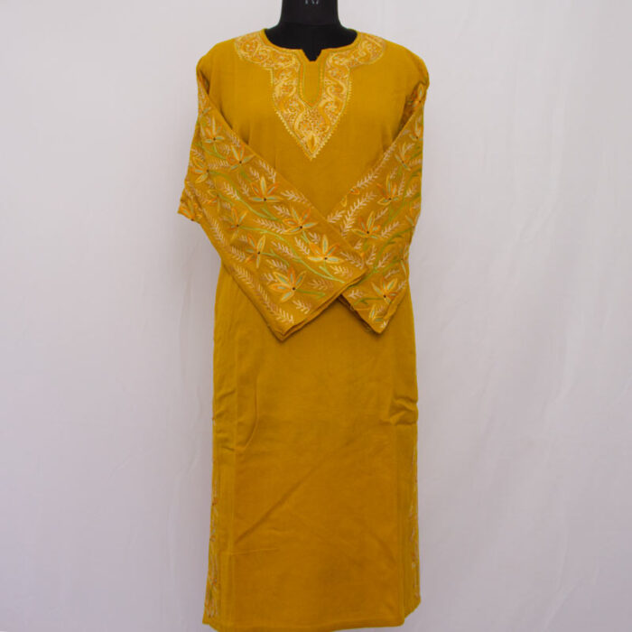 Mustard Yellow Pure Raffal Aari Work Pheran - Image 2
