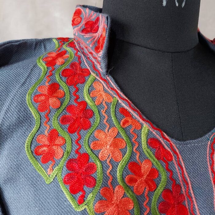 Bluish Grey Cashmilon Aari Work Warm Kurta - Image 3
