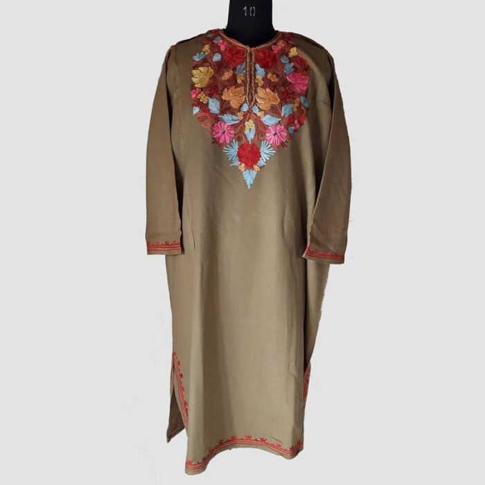 Light Brown Cashmilon Pheran with Aari Work - Image 2