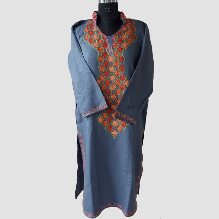 Bluish Grey Cashmilon Aari Work Warm Kurta - Image 2