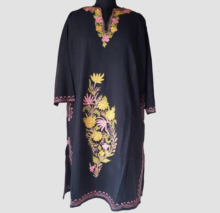 Black Floral Design Aari Work Cashmilon Pheran - Image 2