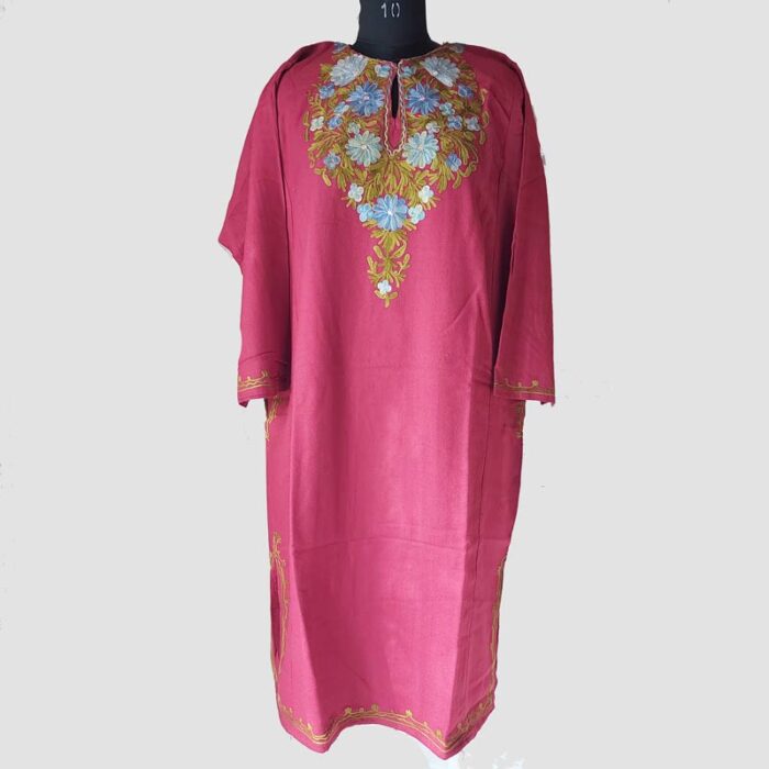 Maroon Floral Design Aari Work Cashmilon Pheran - Image 2