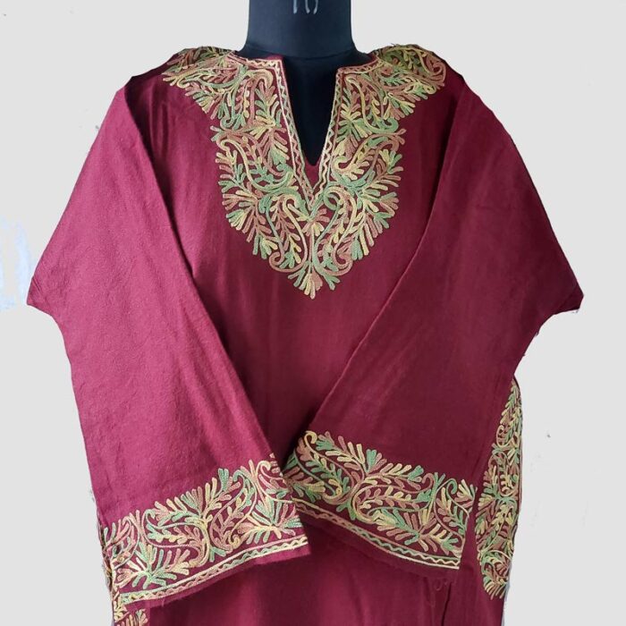 Maroon Cashmilon Pheran in Aari Work
