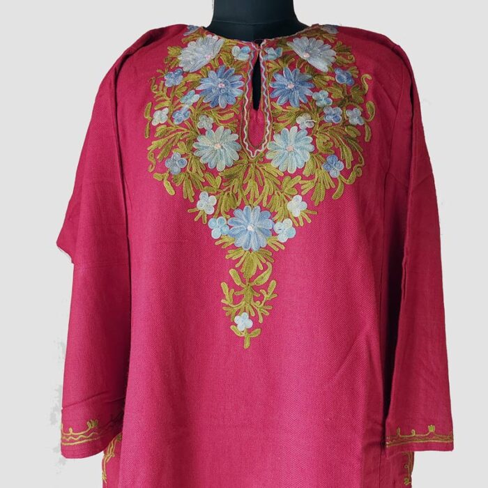Maroon Floral Design Aari Work Cashmilon Pheran