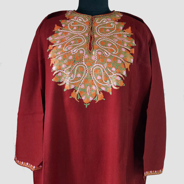 Maroon Multicolor Aari Hand Work Pure Raffal Wool Phiran